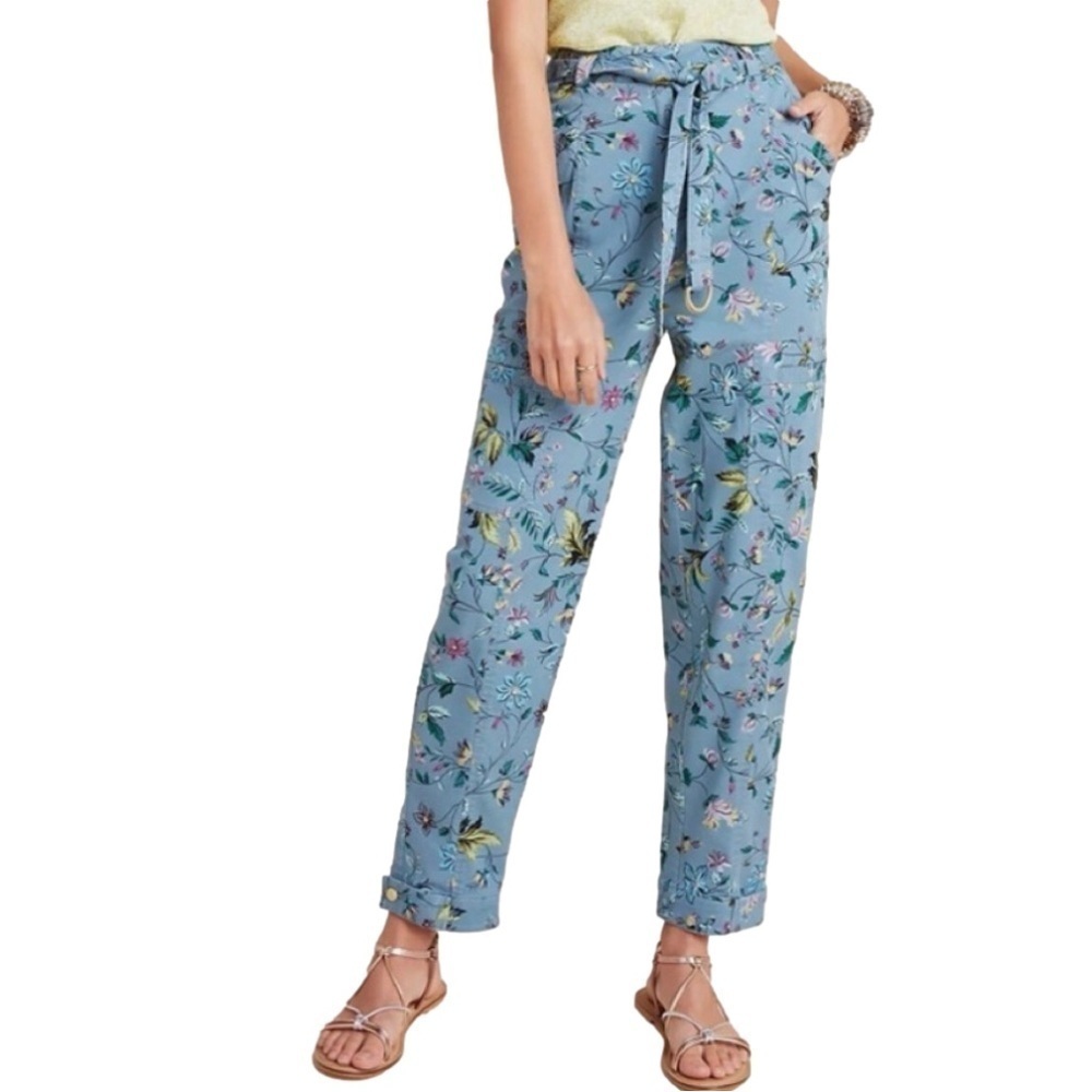 Anthropologie Victoria Floral Cargo Pants Size 8 High Waisted Belted Relaxed Fit - Picture 3 of 16